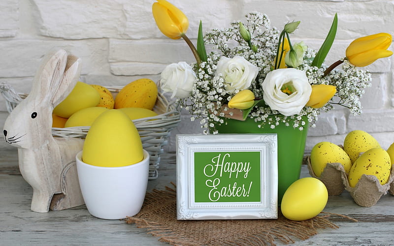 Happy Easter!, carton, Easter eggs, frame, vase, still life, tulips, wood, burlap, rabbit, Holiday, roses, wall, baby breathes, Easter, basket, eggs, bunny, HD wallpaper