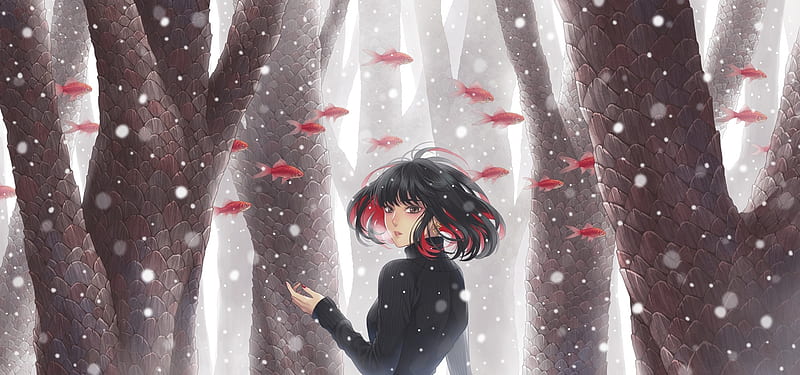 black hair, forest, anime girl, fishes, Anime, HD wallpaper