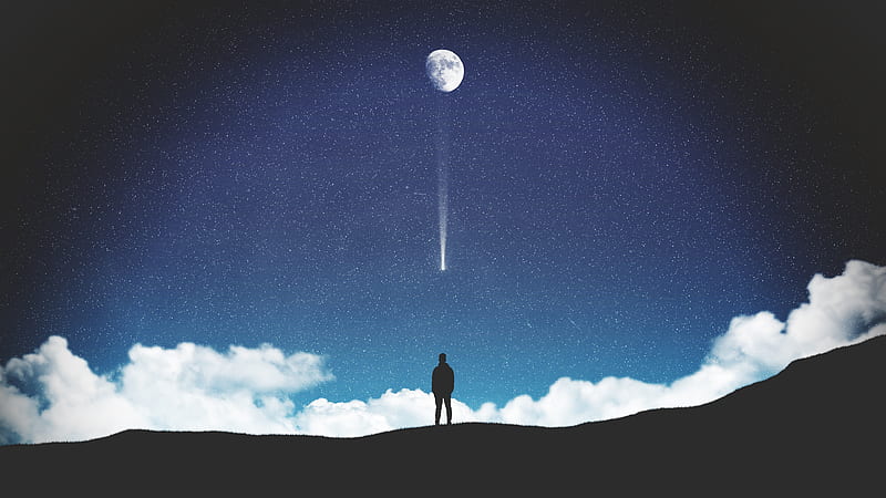 falling star, sky, moon, clouds, man silhouette, scenic, Space, HD wallpaper
