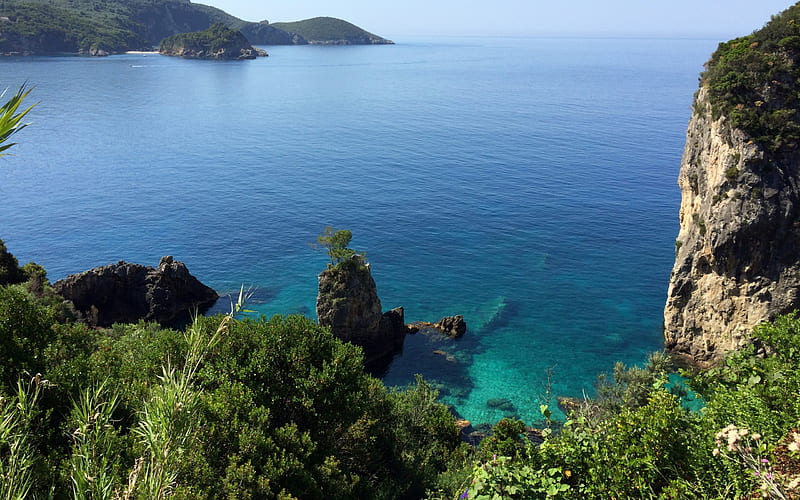 Corfu, Island, Ionian sea, summer, rocks, sea, Greece, HD wallpaper