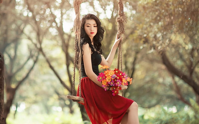 Beauty, red, colorful, dress, swing, girl, model, asian, flower, HD wallpaper