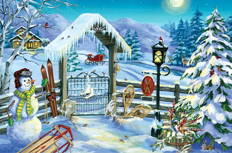 Gate in Winter F2, art, lamp, birds, snowman, sled, illustration, artwork, snow shoes, deer, winter, snow, painting, wide screen, scenery, landscape, HD wallpaper