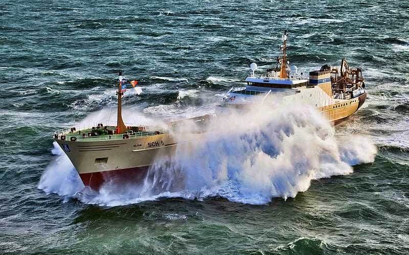 Alida, R, sea, fishing vessels, storm, Alida SCH 6, fishing ships, HD wallpaper