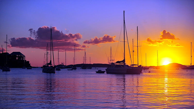 Sunset over the harbour, Clouds, Boats, Sunrise, Harbour, Sunset, HD wallpaper