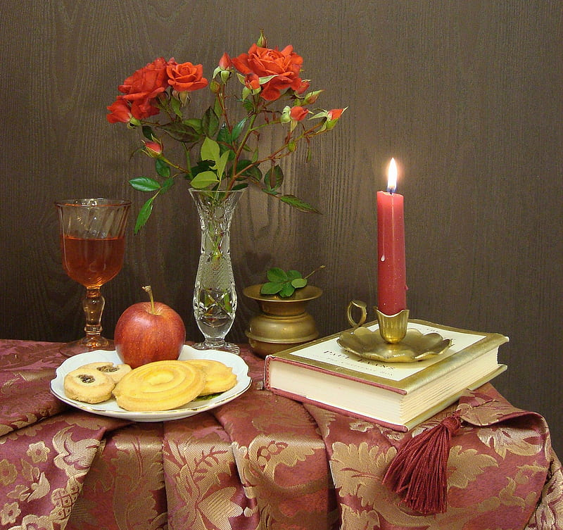 The Night of Reading, apple, red, book, vase, bonito, roses, burning candle, still life, glass, vine, HD wallpaper