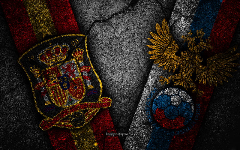 Spain vs Russia FIFA World Cup 2018, Round of 16, logo, Russia 2018, Soccer World Cup, Spain football team, Russia football team, black stone, Eighth-final, HD wallpaper