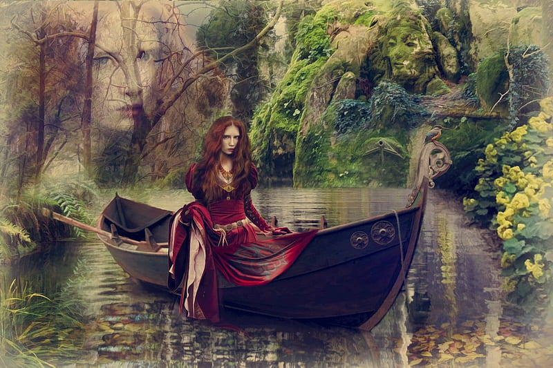 Woman in Red, Anchor, Boat, Rock, Red Dress, Leaves, Clear, Water, Trees, Mountains, Face in Mountain, Lake, Oar, Rocks, Double, HD wallpaper