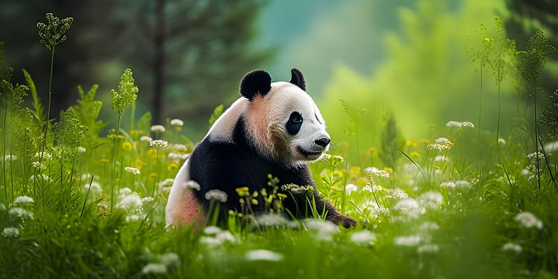 Panda in the field, termeszet, viragok, fu, mezo, allat, panda, legelo, aranyos, novenyzet, ul, HD wallpaper