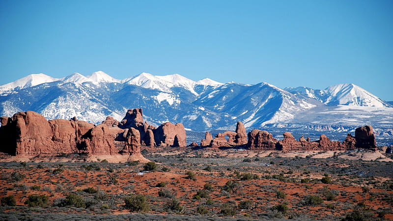 moab mountains, rocks, desert, snow, mountains, HD wallpaper