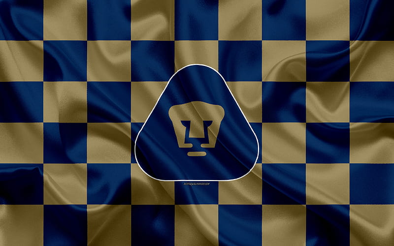 UNAM Pumas, Club Universidad Nacional logo, creative art, blue golden checkered flag, Mexican Football club, Primera Division, Liga MX, emblem, silk texture, Mexico City, Mexico, football, HD wallpaper