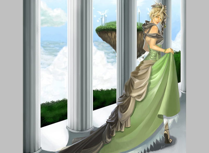 Princess in Royal Green, pillars, green, balcony, beauty, alien, heels, castle, princess, HD wallpaper
