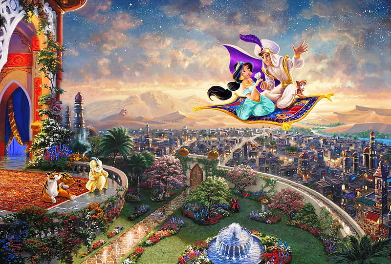 Aladdin and Jasmine, fanart, jasmine, fantasy, aladdin, luminos, movie, carpet, disney, HD wallpaper