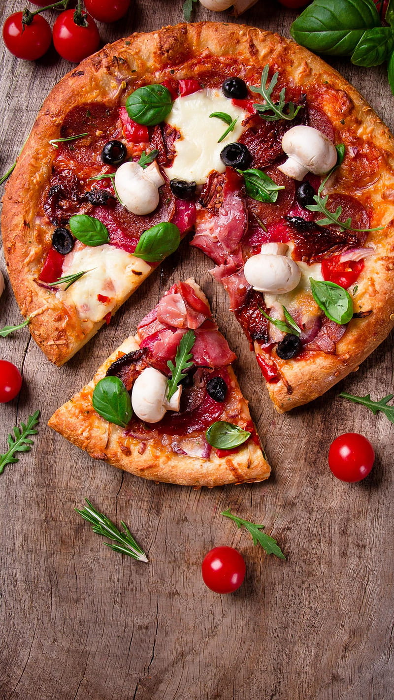 Pizza, food, mushroom, pepproni, tomatoes, HD phone wallpaper