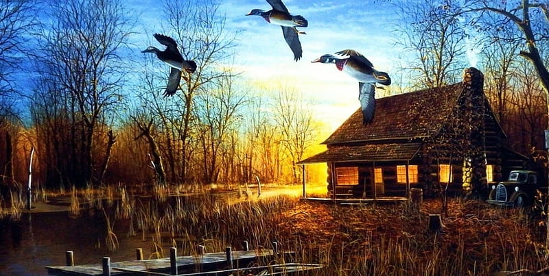 Passing Through, pier, painting, ducks, sunset, cabin, trees, lake, artwork, HD wallpaper