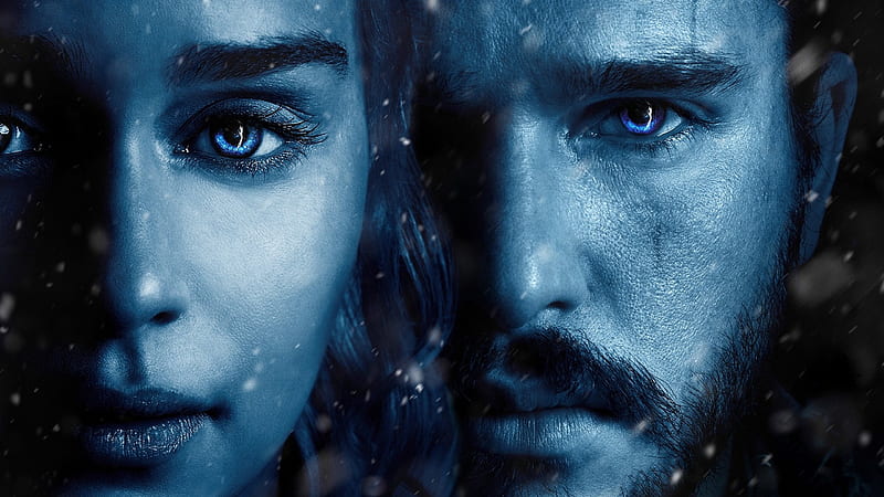 Game of Thrones ( 2011 - ), Kit Harington, daenerys targaryen, face, jon snow, Emilia Clarke, blue, poster, eye, game of thrones, tv series, couple, HD wallpaper