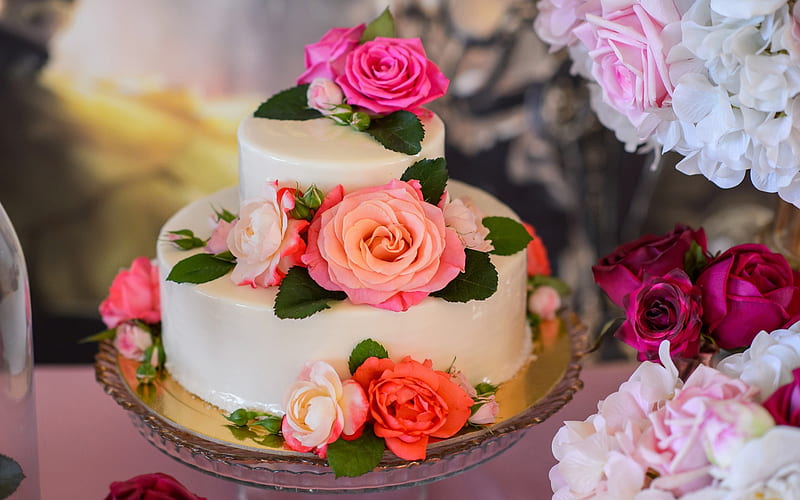 wedding cake, pastries, cake with roses, food decorations, cakes, wedding concerts, HD wallpaper