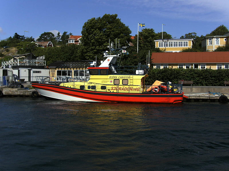 Sea rescue, yellow, red, swedish, water, HD wallpaper