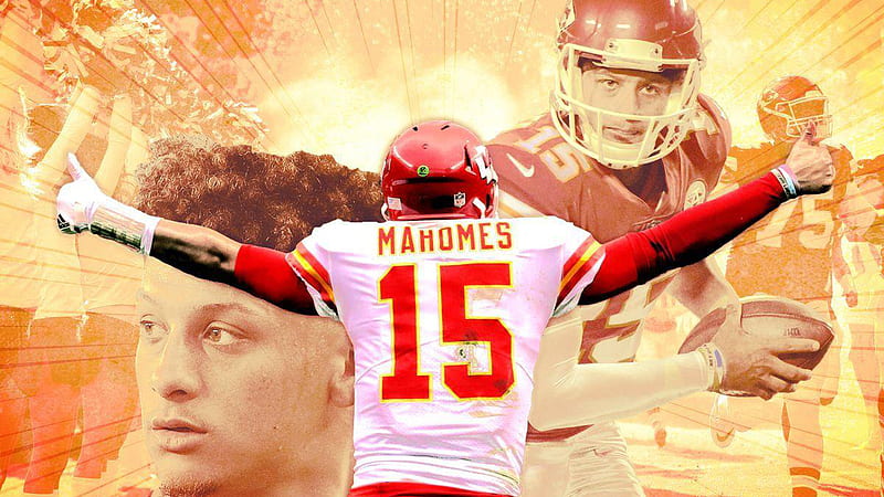 Patrick mahomes is showing back with thumbs up in yellow background ...