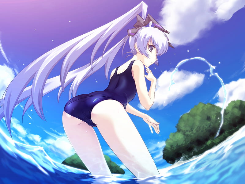 Yashiro Kasumi, swimsuit, bonito, clouds, beach, school swimsuit, hot, beauty, anime girl, muv luv, purple eyes, oceansea, twintails, sky, sexy, tagme, cute, summer, HD wallpaper