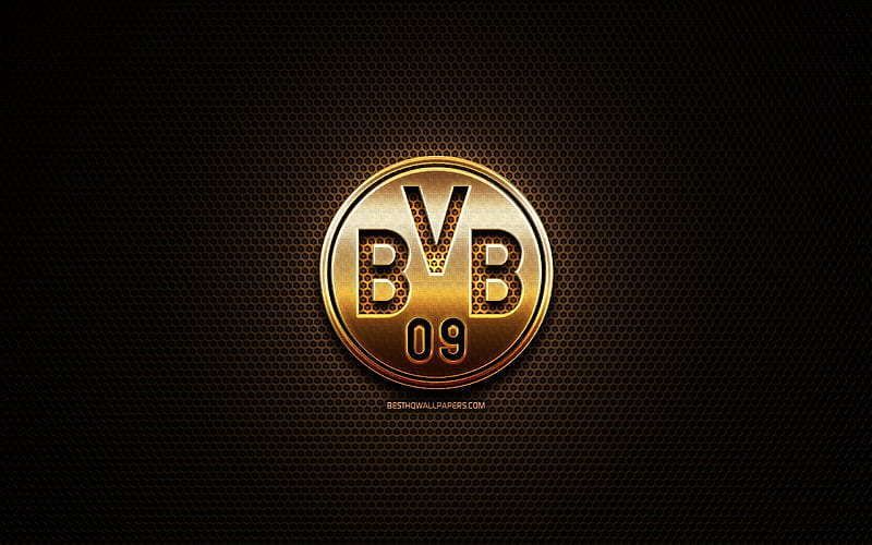 Borussia Dortmund FC, glitter logo, Bundesliga, german football club, metal grid background, Borussia Dortmund glitter logo, football, soccer, BVB, Germany, HD wallpaper