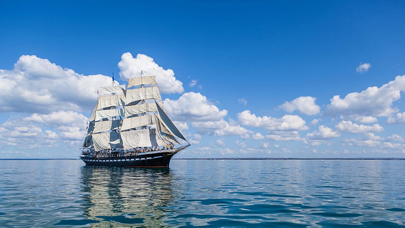 lovely sail ship on a calm sea, calm, ship, clouds, sea, sail, HD wallpaper