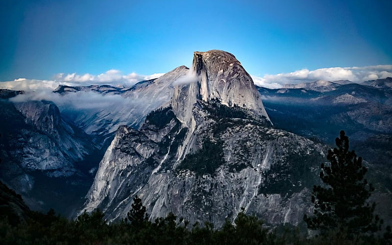 Yosemite Half Dome, California, sky, california, rocks, valley, trees, clouds, HD wallpaper