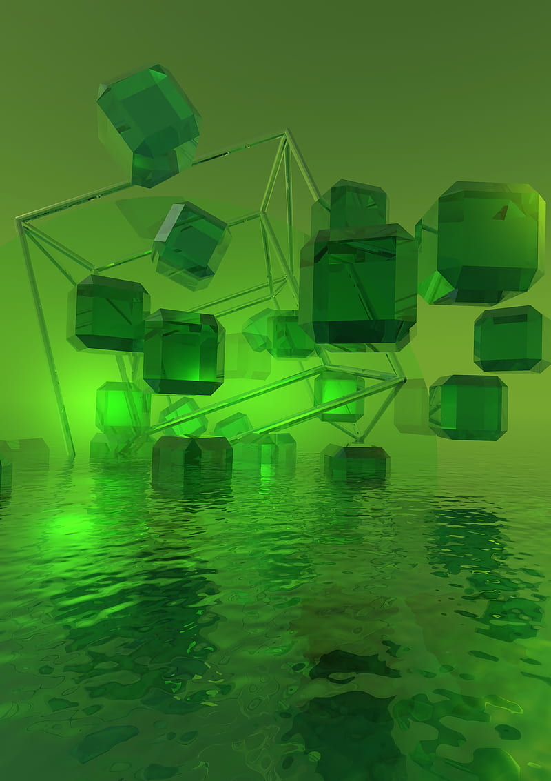 cubes, crystals, 3d, green, water, light, HD phone wallpaper
