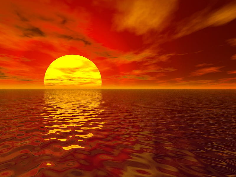 Terragen sun, art, sun, water, digital, sunset, reflecting, HD wallpaper