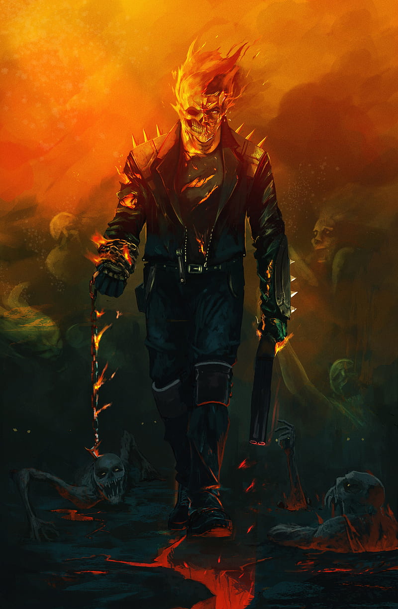 Marvel Comics, Ghost Rider, superhero, leather jackets, spikes, leather boots, chains, shotgun, fire, HD phone wallpaper