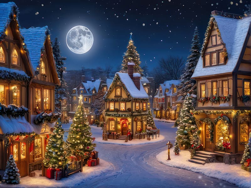 Christmas full moon, winter, art, eve, peaceful, beautiful, houses, tree, holiday, decoration, moonlight, lights, christmas, snow, village, evening, countryside, HD wallpaper