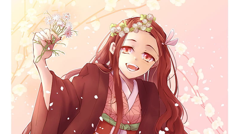 Demon Slayer Nezuko Kamado Having Flowers On Head And On Hand With Background Of Pink And Light Yellow Anime, HD wallpaper