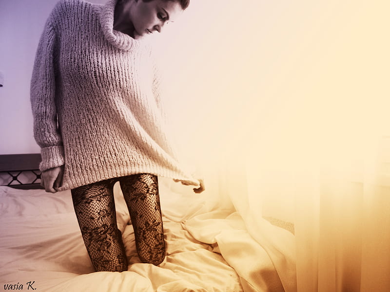 woolly, model, tights, wool, lace, hot, sexy, bed, jumper, HD wallpaper