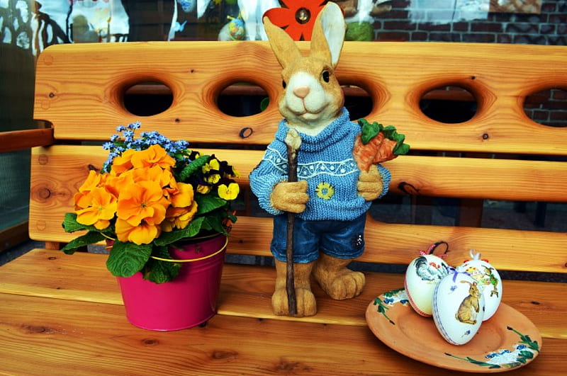 Easter Greetings, flower, eggs, still life, rabbit, HD wallpaper