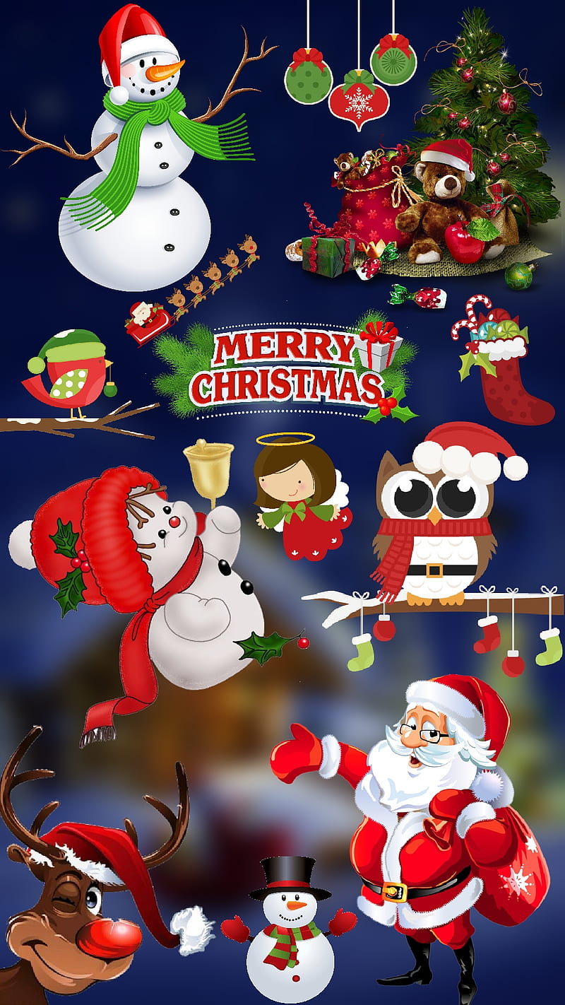 Merry Christmas, holidays, owl, robin, rudolf, santa, xmas, HD phone wallpaper
