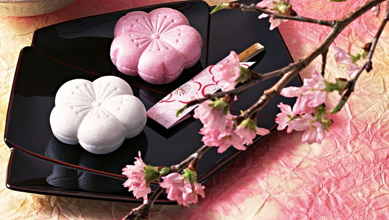 Yummy Flower, pretty, sakura blossom, bonito, cherry blossom, sweet, nice, japan, beauty, pink, sakura, lovely, japanese, food, cute, kawaii, oriental, plate, HD wallpaper