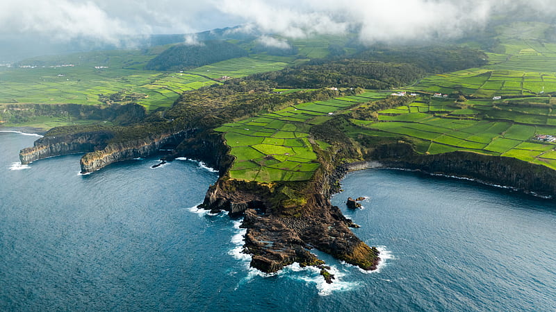 Aerial View Of Green Farm Land Ocean Rocks Mountains With Fog Nature, HD wallpaper