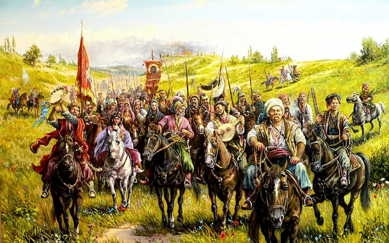 Cossacks, art, Andrew Lyakh, green, people, painting, horse, peasant, HD wallpaper
