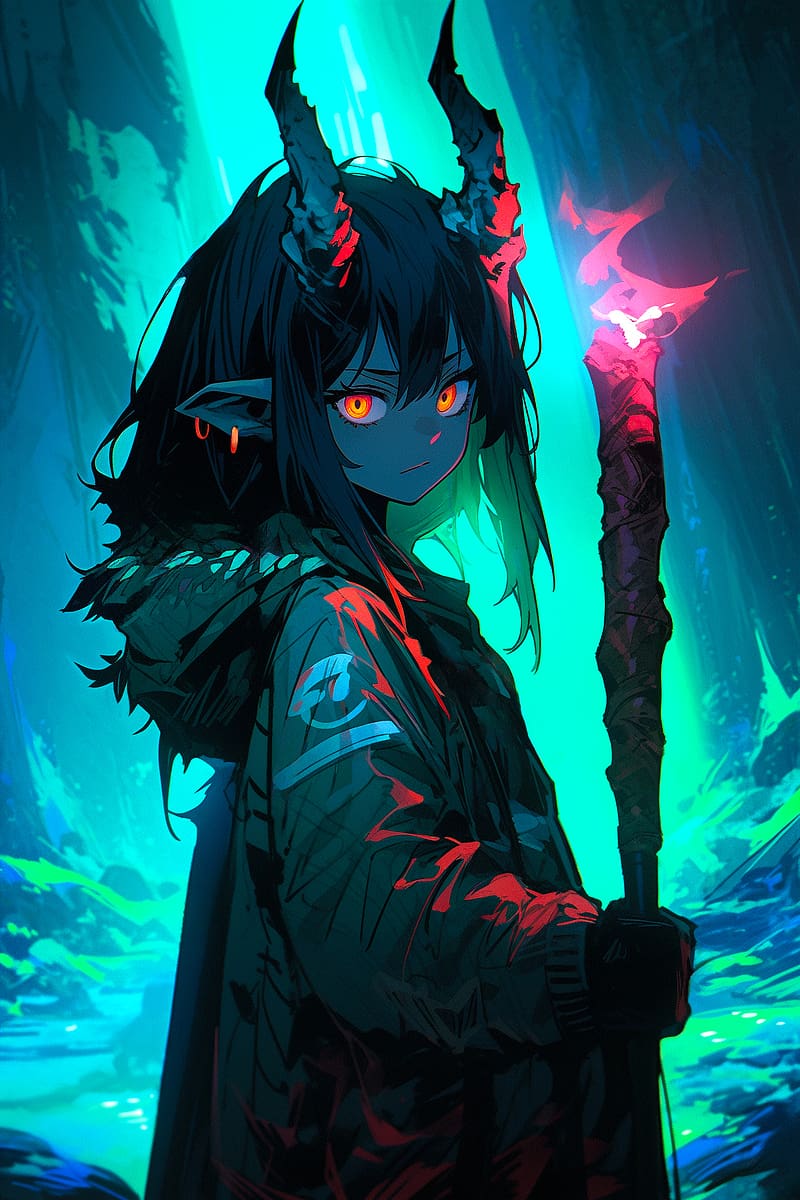 demon, girl, horns, torch, anime, HD phone wallpaper
