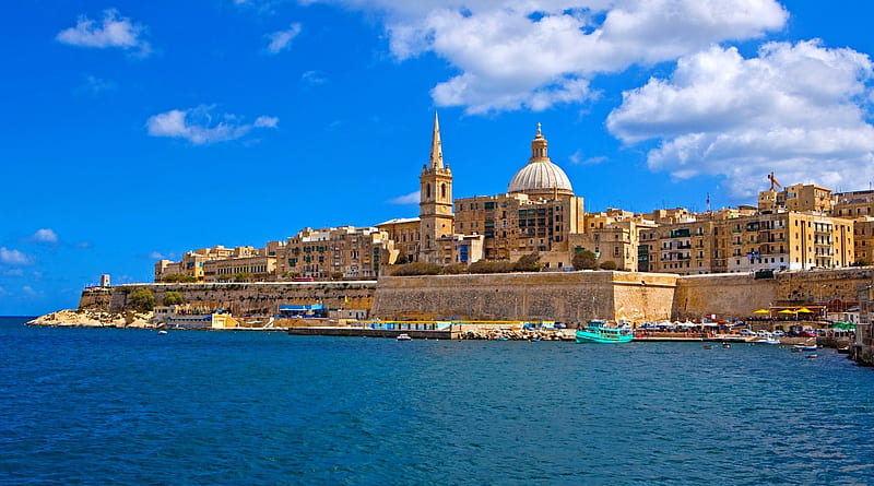old valletta, capital of malta, chathedral, city, clouds, old, sea, HD wallpaper