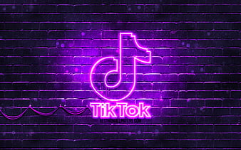 TikTok violet logo violet brickwall, TikTok logo, social networks, TikTok neon logo, TikTok, HD wallpaper