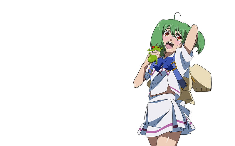 Macross Frontier, female, frontier, hair, green, uniform, anime, simple, macross, white, HD wallpaper