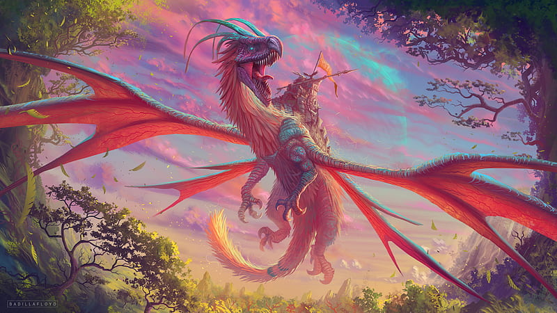 Fantasy Red And Blue Dragon Flying Above Dreamy, HD wallpaper