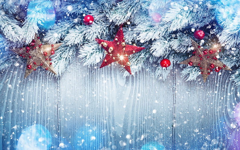 Christmas, snow, red stars, decorations, Christmas background, New Year, Winter, HD wallpaper