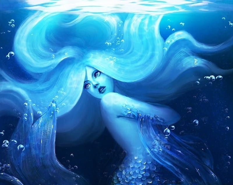 Albino mermaid, vara, girl, cindy handoyo, mermaid, summer, siren, blue, underwater, luminos, fantasy, HD wallpaper