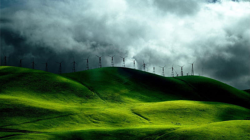 windmills on grassy hills, hills, windmills, clouds, grass, HD wallpaper