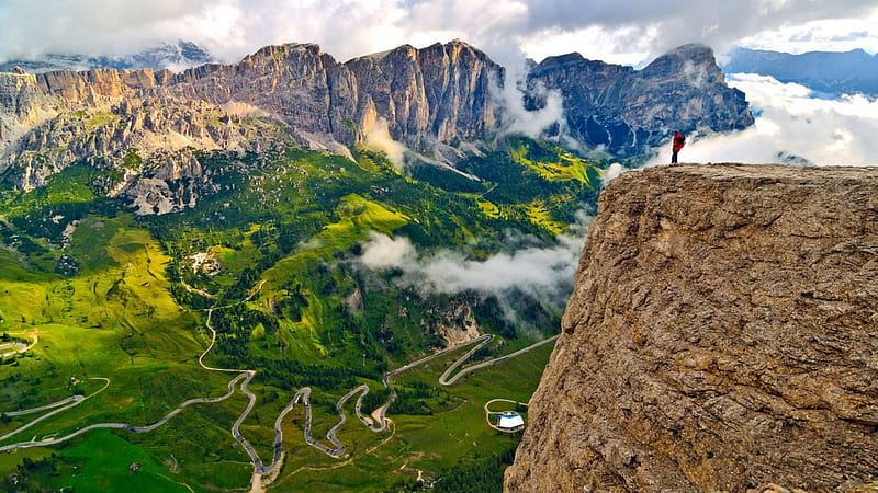 spectacular italian south tyrol alps, mountains, climber, road, clouds, valley, HD wallpaper