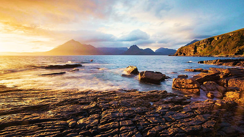Elgol, Scottland, rocks, isle of skye, coast, clouds, sky, sunset, HD wallpaper
