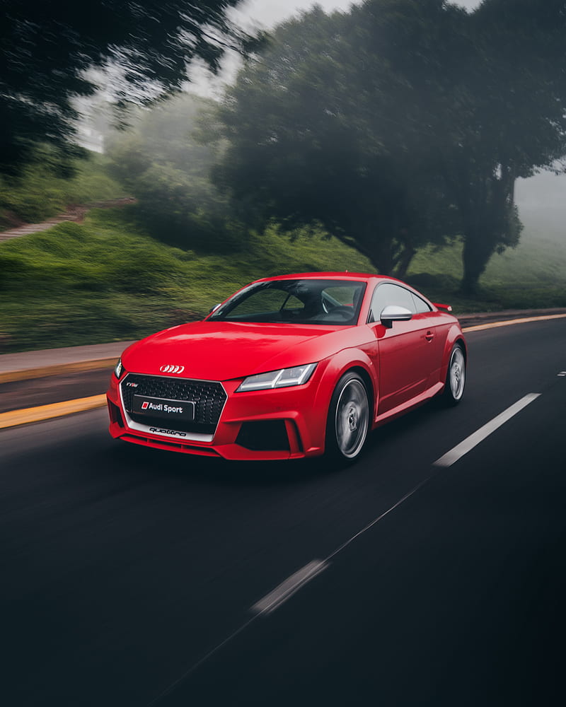 red Audi coupe on road near trees at daytime, HD phone wallpaper