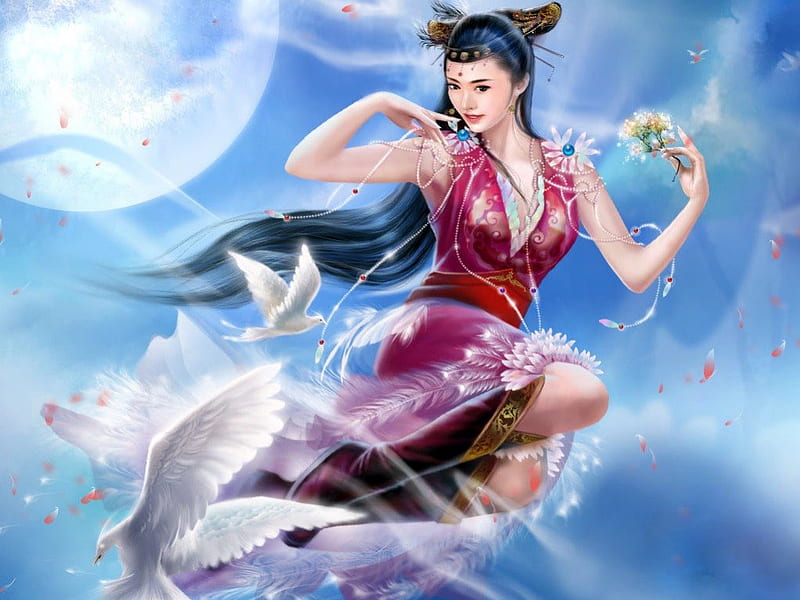 Fantasy Girl, goddess, bonito, animal, fantasy, doves, moon, feather, beauty, blue, female, sky, sexy, warrior, bird, oriental, flower, chinese, princess, maiden, HD wallpaper
