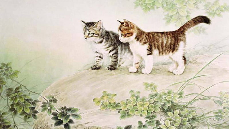 Chinese Cat Painting III, rocks, rock, kitty, tabby, soft, foliage, Oriental, leaves, painting, Chinese, kitten, cats, HD wallpaper